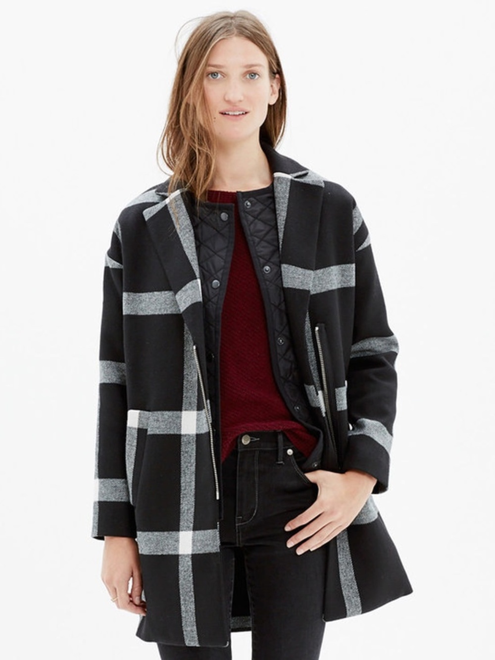 Madewell Wool Blend Checkmark Zip Coat in Black & White Plaid XS